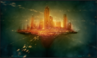 concept art floating city flying car science fiction sci-fi glow illustration pkgameart